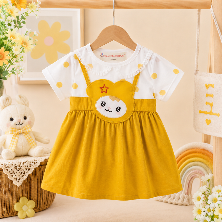 Girls Yellow Bunny Appliqué Cotton Frock with Attached Polka Dot Top