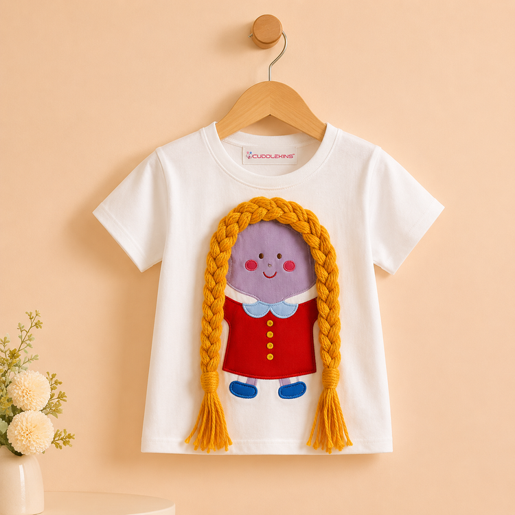 Girls Cotton Cartoon Doll T-Shirt with Denim Fringe Shorts Co-ord Set
