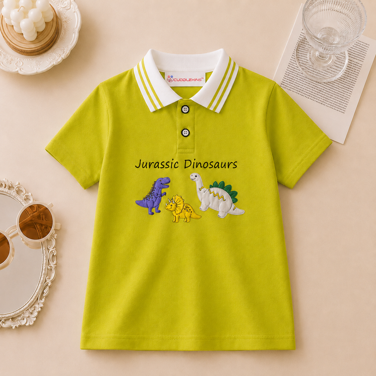 Boys Lime Green Cotton Polo T-Shirt with 3D Dinosaur Appliqué