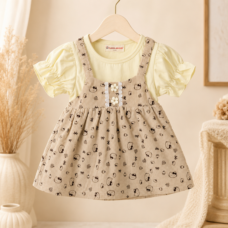 Girls cotton printed puff sleeves dress - cream beige