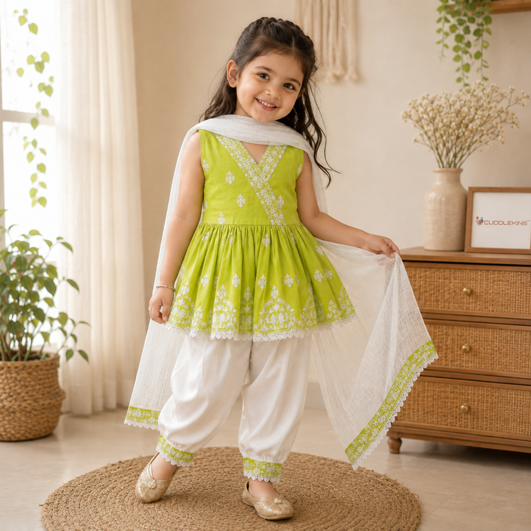 Girls Lime Green Embroidered Kurta Set with Dupatta