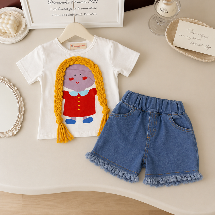 Girls Cotton Cartoon Doll T-Shirt with Denim Fringe Shorts Co-ord Set