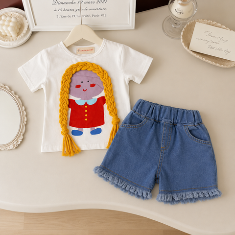 Girls Cotton Cartoon Doll T-Shirt with Denim Fringe Shorts Co-ord Set