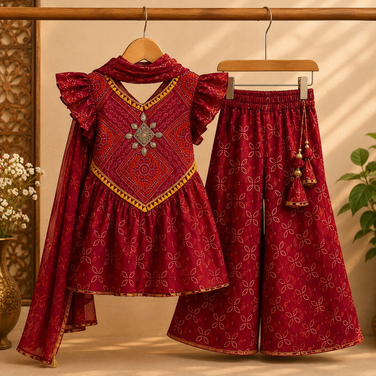 Girls Maroon Bandhani Print Sharara Set with Dupatta