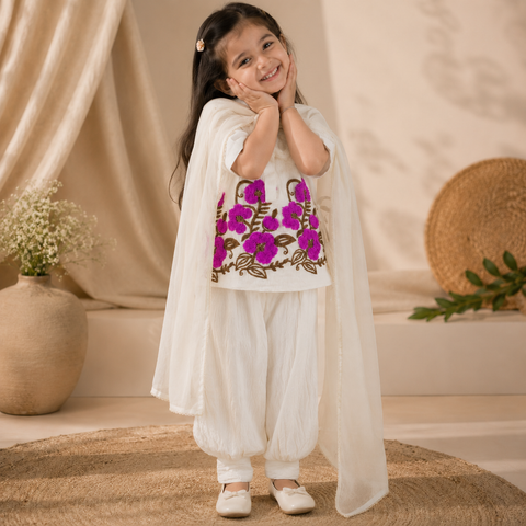 Girls Floral Embroidered Kurti Dhoti Set