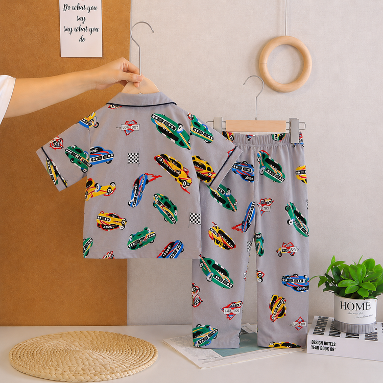 Boys Cotton Car Print Night Suit | Full Sleeve Shirt & Pyjama Set