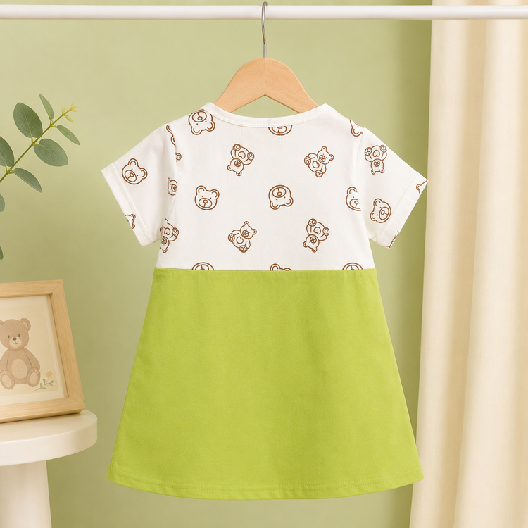 Girls Bear Print Layered Cotton Frock with Teddy Embroidery