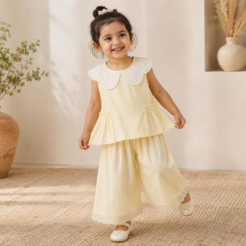 Girls Embroidered Co-ord Set – Yellow