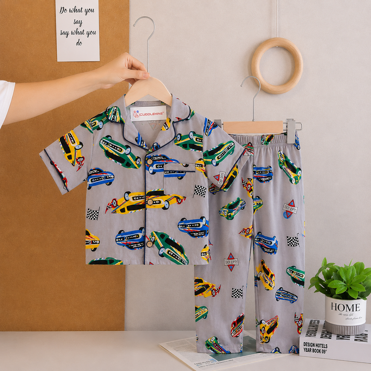 Boys Cotton Car Print Night Suit | Full Sleeve Shirt & Pyjama Set