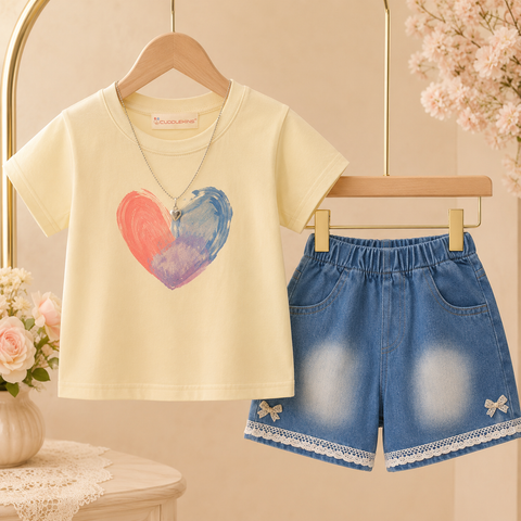 Girls Polaroid Love Cotton T-Shirt & Denim Look Shorts Co-Ord Set with Pearl Chain