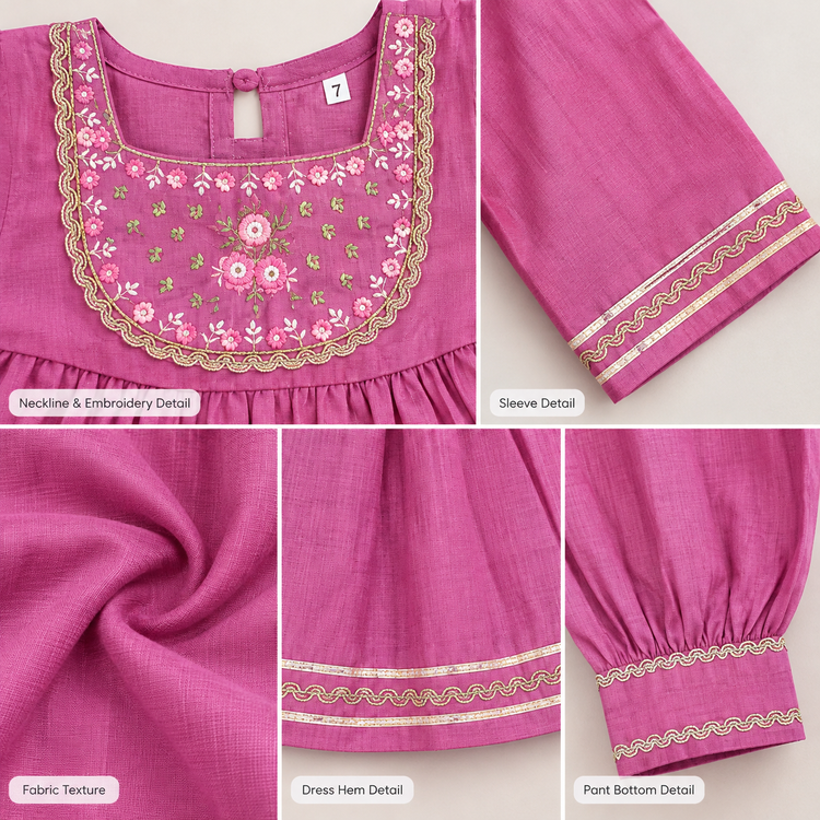 CuddleKins Girls Pink Embroidered Kurta Set with Matching Dhoti Pants
