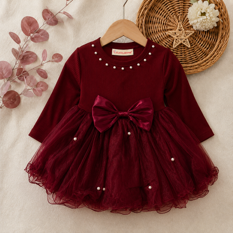 Girls Maroon Pearl Neck Party Wear Net Frock with Bow