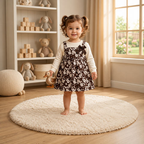 Girls Floral Pinafore Dress Set – Cocoa Brown & Cream