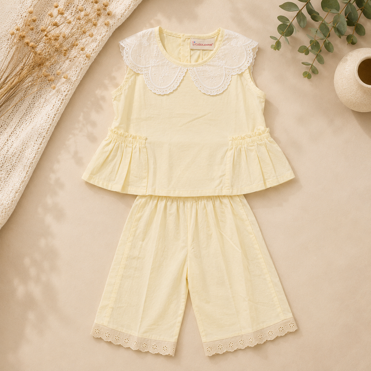 Girls Lemon Yellow Embroidered Collar Top & Wide-Leg Pants Co-ord Set
