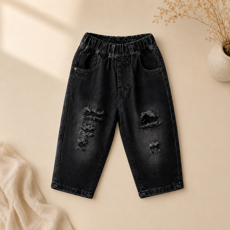 Kids Washed Black Distressed Denim Jeans with Elastic Waist