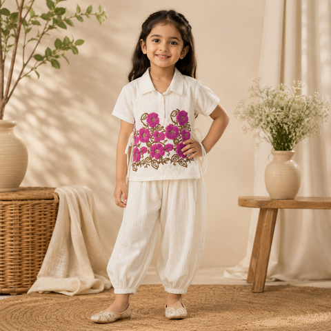Girls Floral Embroidered Kurti Dhoti Set