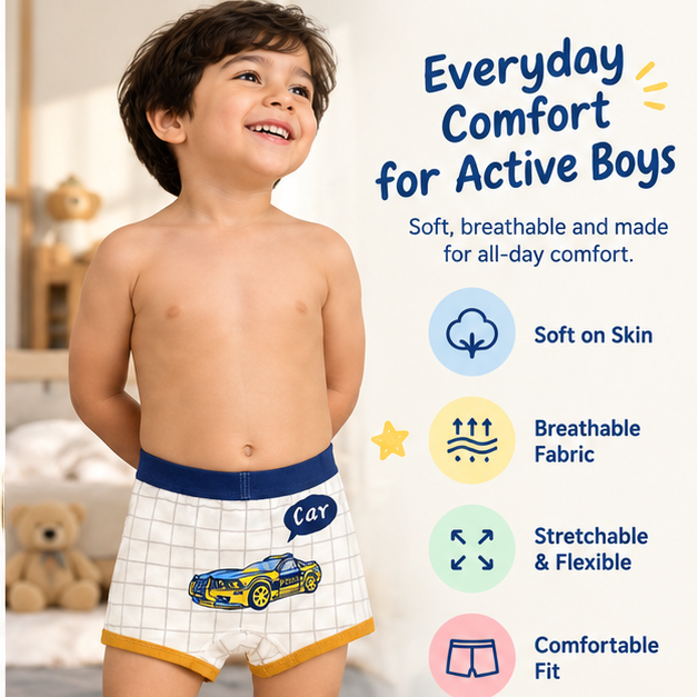 Boys Car & Vehicle Printed Boxer Underwear | Pack of 4 | Kids Innerwear