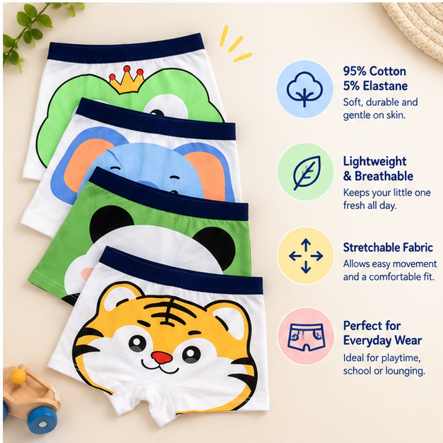 Boys Cute Animal Printed Boxer Underwear | Pack of 4 | Kids Innerwear