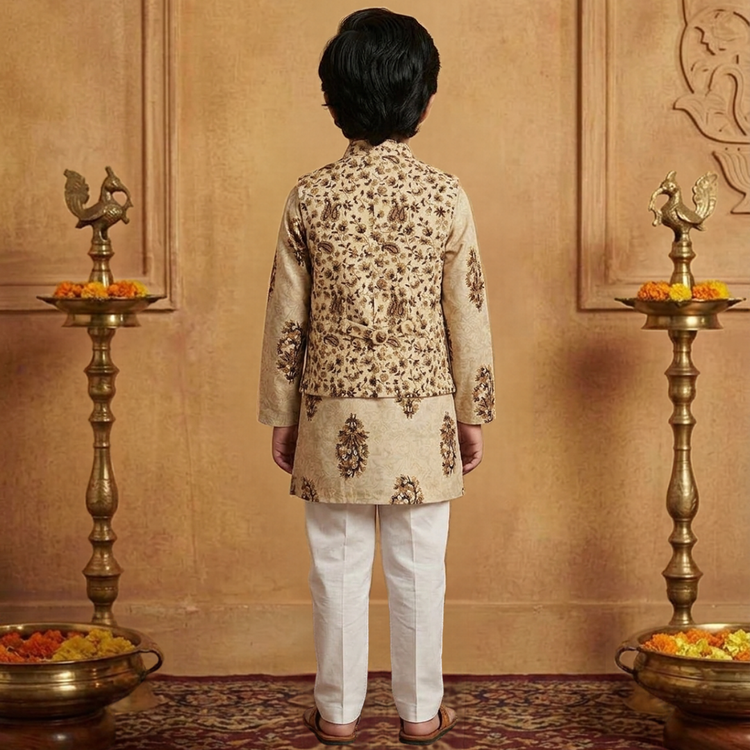 CuddleKins Boys Beige Floral Printed Kurta Set with Embroidered Jacket and White Pants