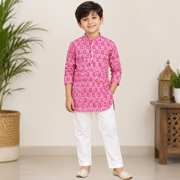 CuddleKins Boys Pink Floral Printed Ethnic Kurta with White Pants
