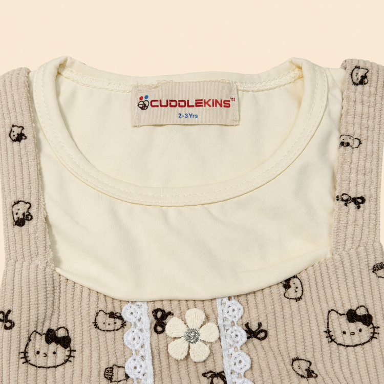 Girls cotton printed puff sleeves dress - cream beige