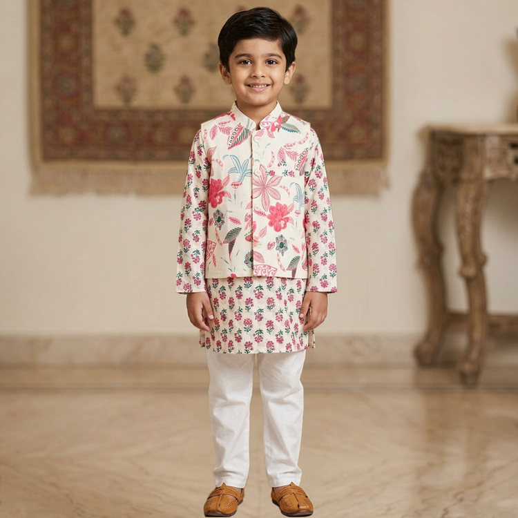 CuddleKins Boys Cream Floral Printed Kurta Set with Multicolor Jacket and White Pants