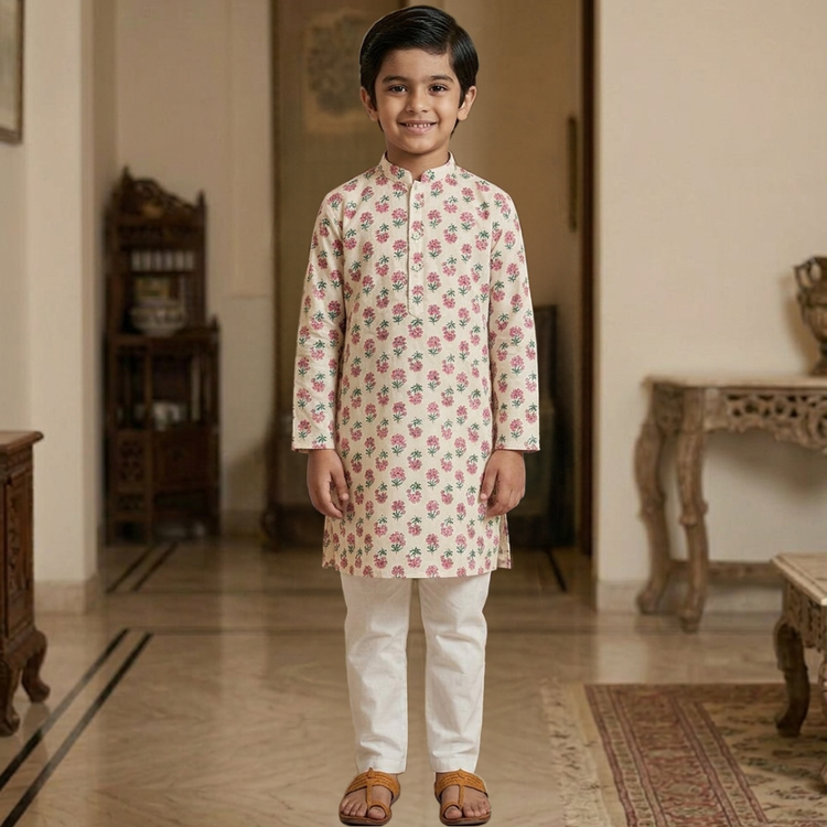 CuddleKins Boys Cream Floral Printed Kurta Set with Multicolor Jacket and White Pants