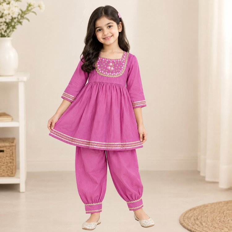 CuddleKins Girls Pink Embroidered Kurta Set with Matching Dhoti Pants