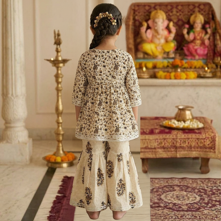 CuddleKins Girls Beige Printed Kurta Set with Matching Sharara Pants