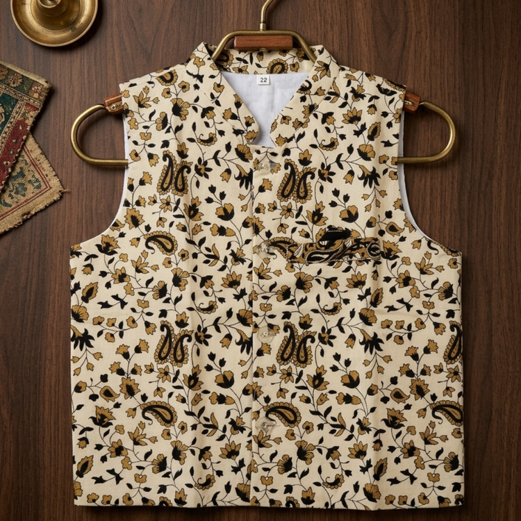 CuddleKins Boys Beige Floral Printed Kurta Set with Embroidered Jacket and White Pants