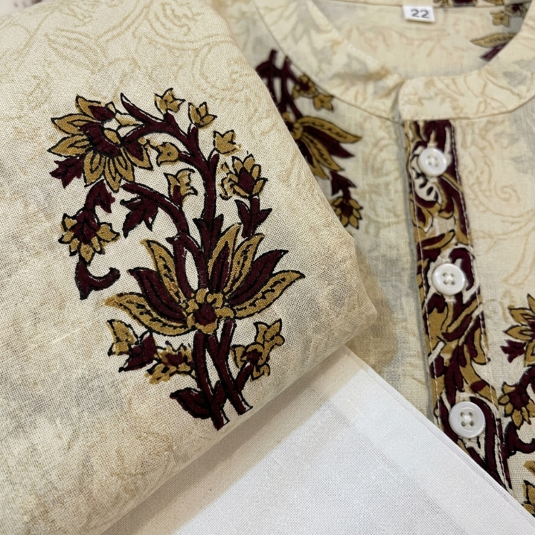 CuddleKins Boys Beige Floral Printed Kurta Set with Embroidered Jacket and White Pants
