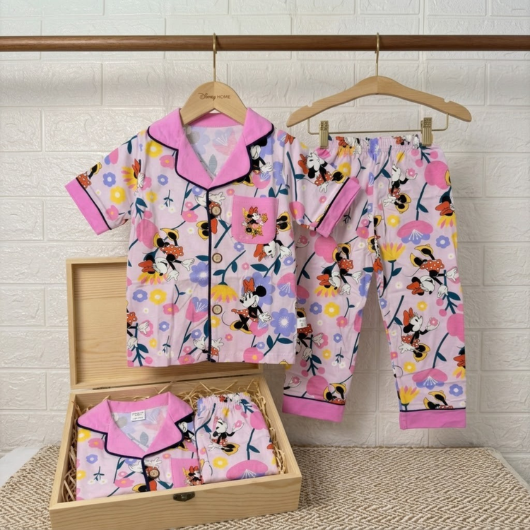 Girls Pink Minnie Floral Cotton Night Suit Set – Half Sleeve Shirt & Pyjama