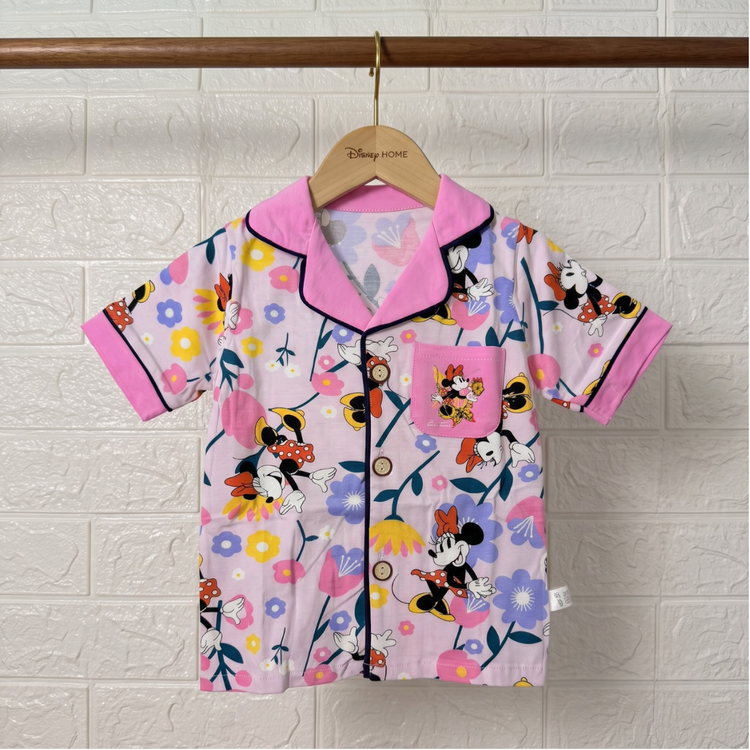 Girls Pink Minnie Floral Cotton Night Suit Set – Half Sleeve Shirt & Pyjama