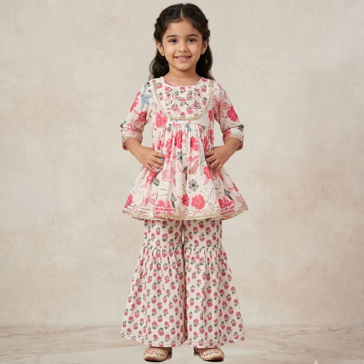 CuddleKins Girls Cream Floral Printed Peplum Kurta Set with Palazzo Pants