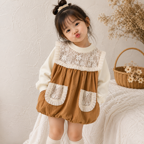 Girls Lace Detail Dress – Beige & Cream