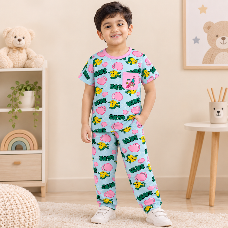 Kids Sky Blue Printed Cotton T-Shirt & Lounge Pants Co-ord Set