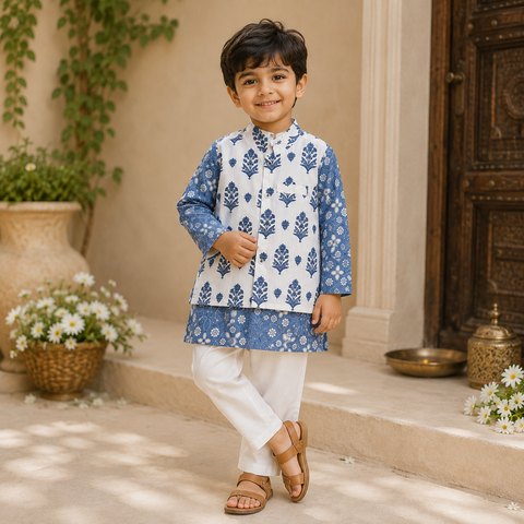 Boys Blue Floral Kurta Jacket Set with White Pants