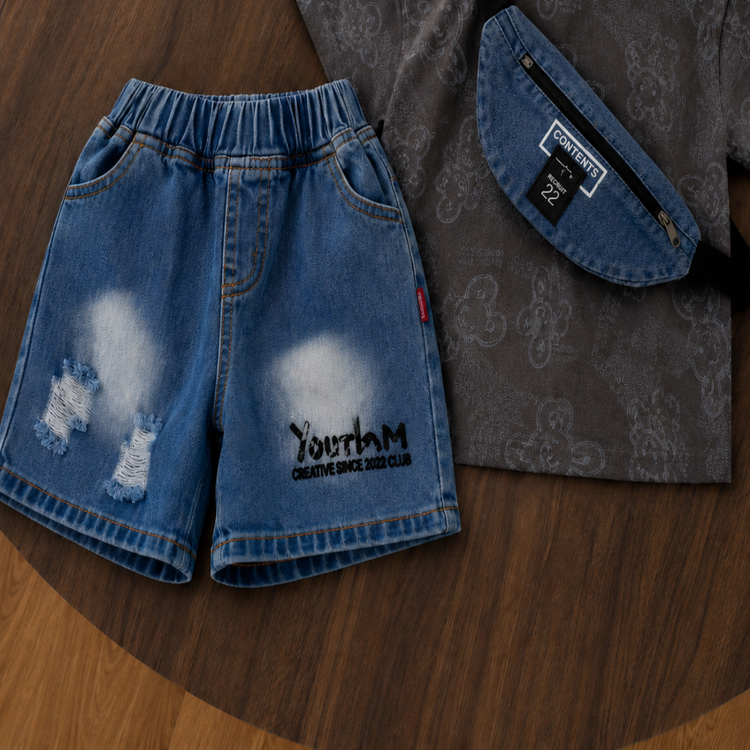 Boys Printed Cotton T-Shirt & Denim Shorts Co-Ord Set with Matching Sling Bag