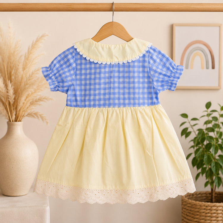 Blue Checkered Bunny Embroidery Dress