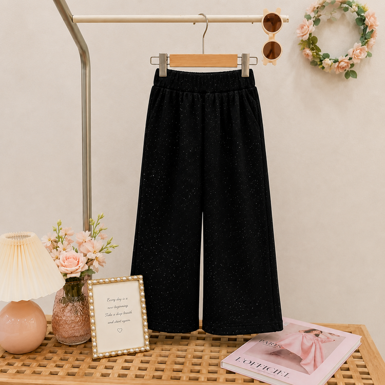 Girls Pink 3D Floral Bow Cotton T-Shirt & Glitter Wide Leg Pants Co-Ord Set