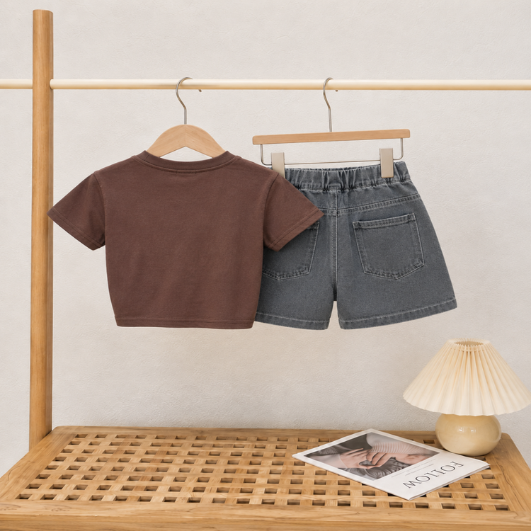 Boys Brown Cotton T-Shirt & Denim Look Shorts Co-ord Set