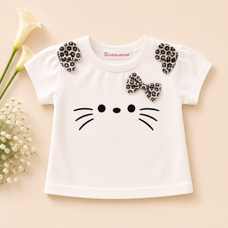 Girls Cotton Kitty Print T-Shirt with Leopard Print Shorts Co-ord Set..