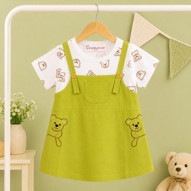 Girls Bear Print Layered Cotton Frock with Teddy Embroidery