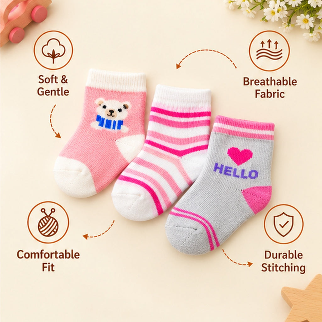 Tiny Steps by CuddleKins | Baby Girls Socks | Pack of 3 | 0–12 Months