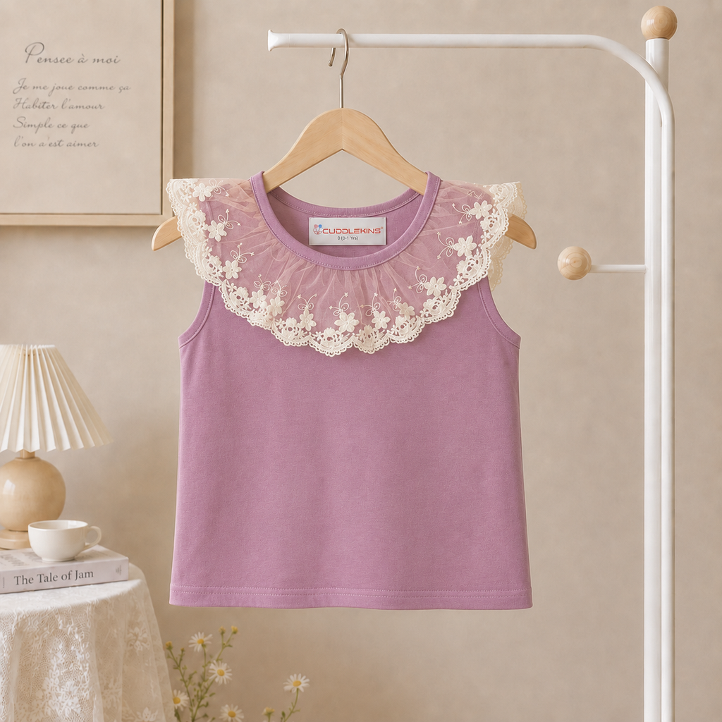 Girls Lavender Lace Ruffle Top & Floral Layered Skirt