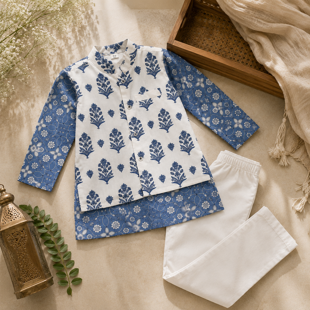 Boys Blue Floral Kurta Jacket Set with White Pants