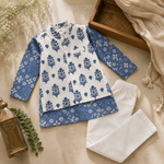 Boys Blue Floral Kurta Jacket Set with White Pants