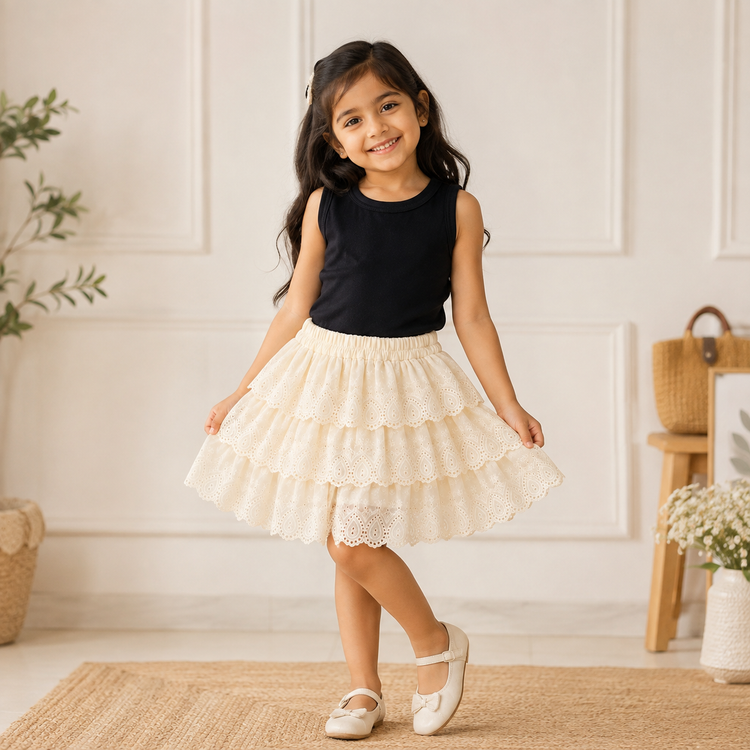 Girls Lace Collar Top & Layered Eyelet Skirt Set