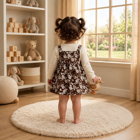 Girls Floral Pinafore Dress Set – Cocoa Brown & Cream