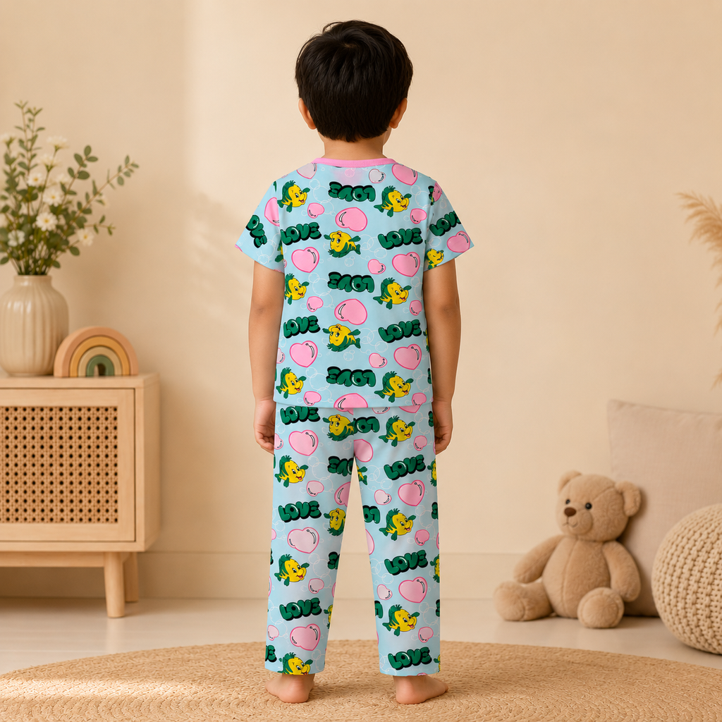 Kids Sky Blue Printed Cotton T-Shirt & Lounge Pants Co-ord Set